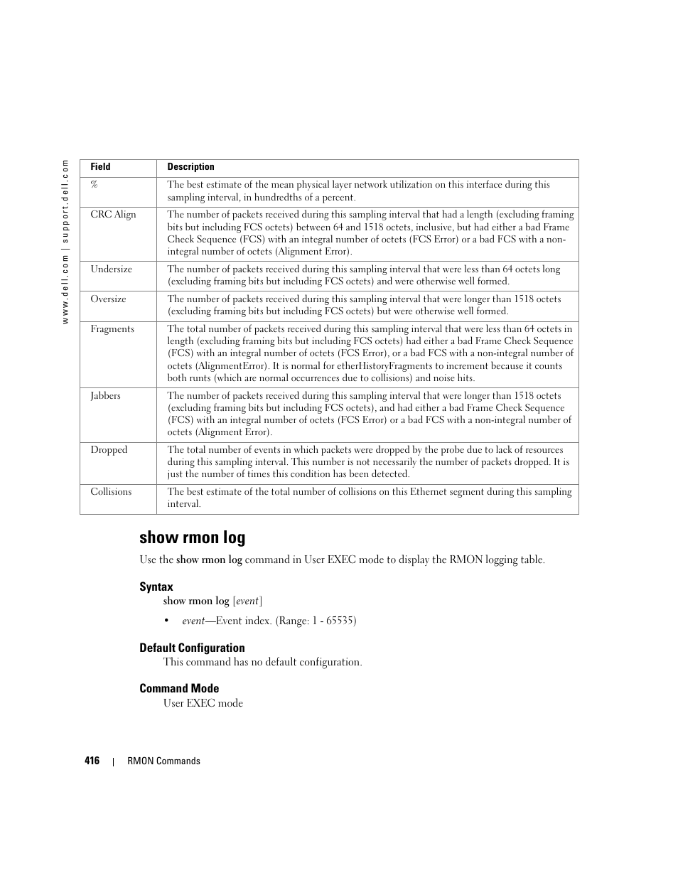 Show rmon log | Dell PowerEdge M605 User Manual | Page 424 / 808