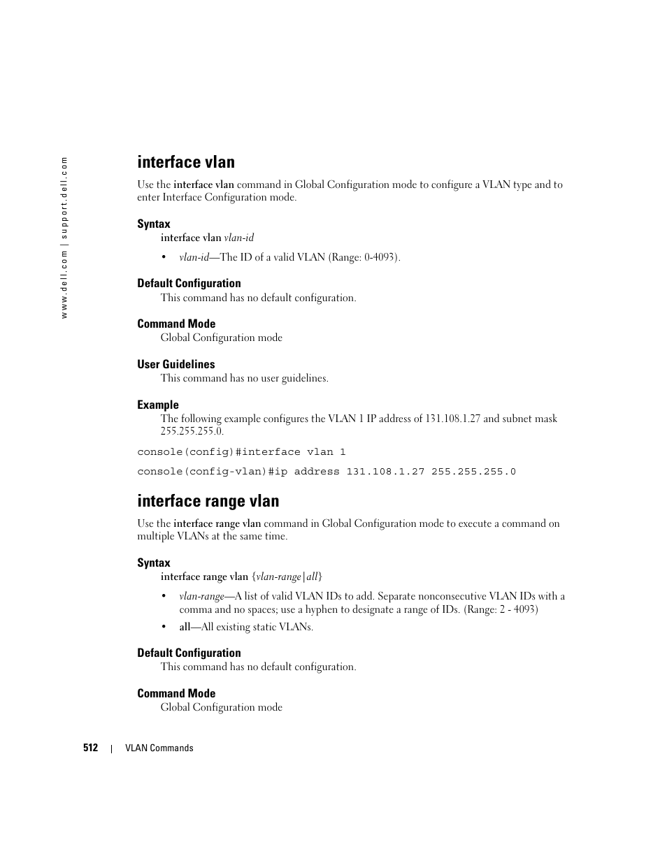 Interface vlan, Interface range vlan | Dell PowerEdge M605 User Manual | Page 516 / 808