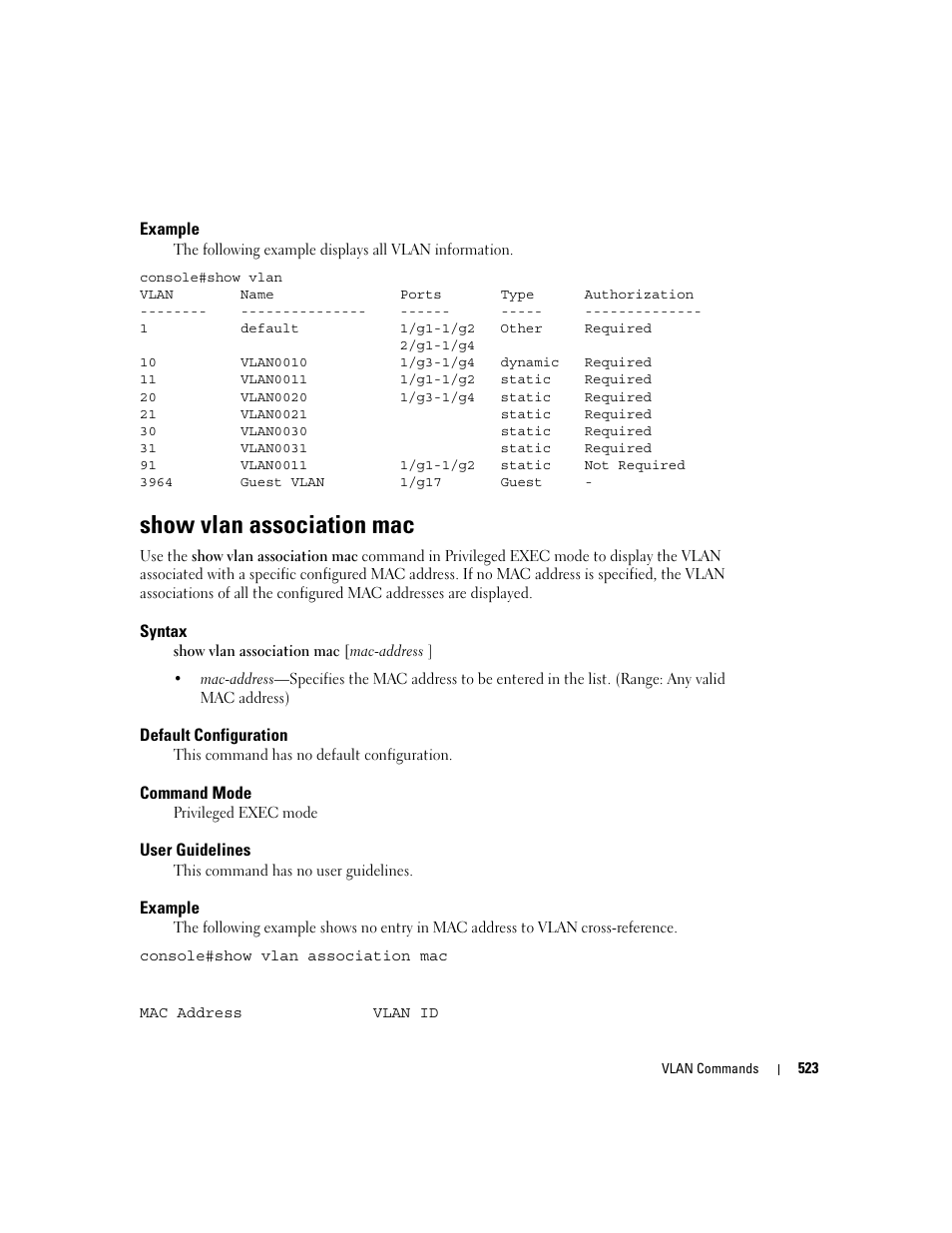 Show vlan association mac | Dell PowerEdge M605 User Manual | Page 527 / 808