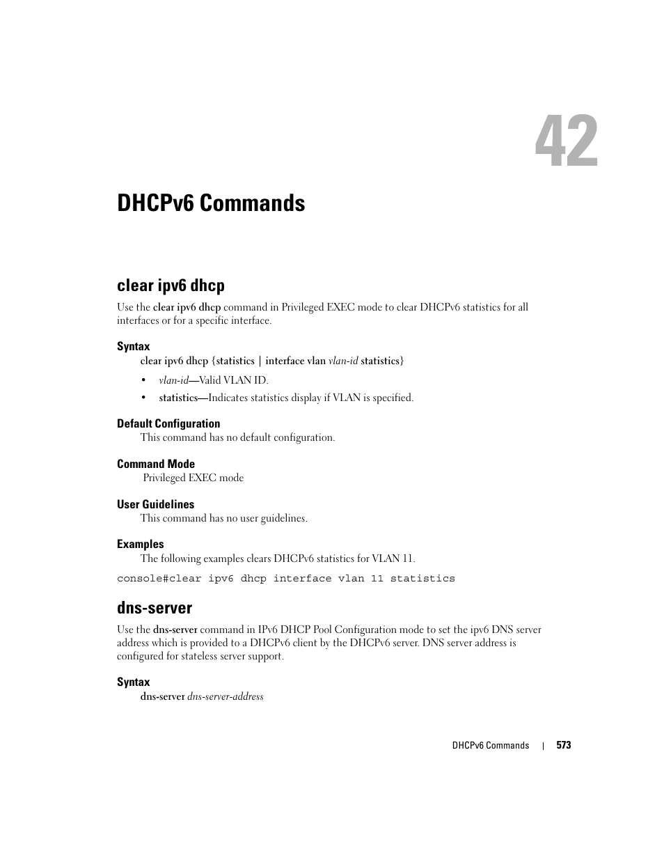 Dhcpv6 commands, Clear ipv6 dhcp, Dns-server | 42 dhcpv6 commands | Dell PowerEdge M605 User Manual | Page 573 / 808