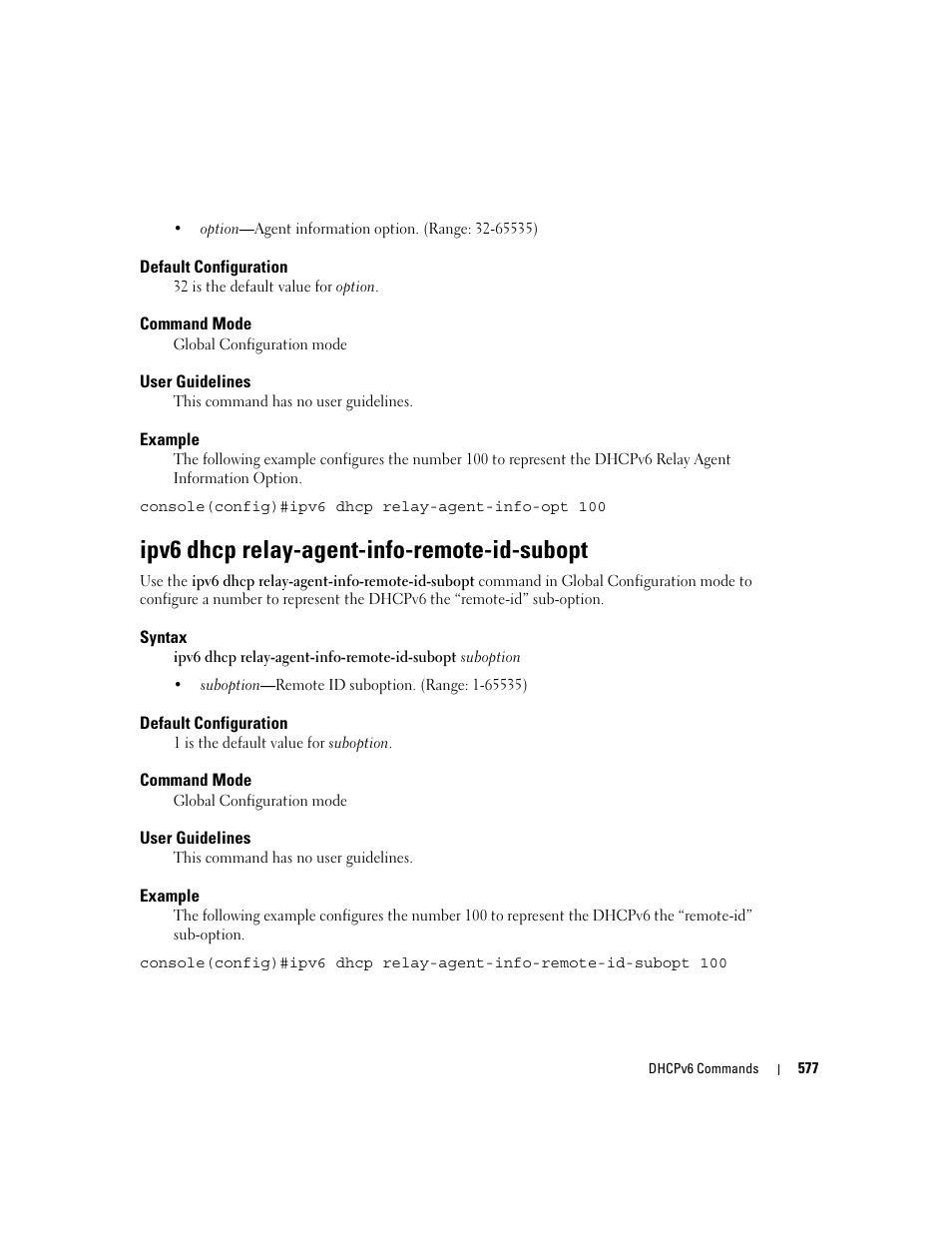 Ipv6 dhcp relay-agent-info-remote-id-subopt | Dell PowerEdge M605 User Manual | Page 577 / 808