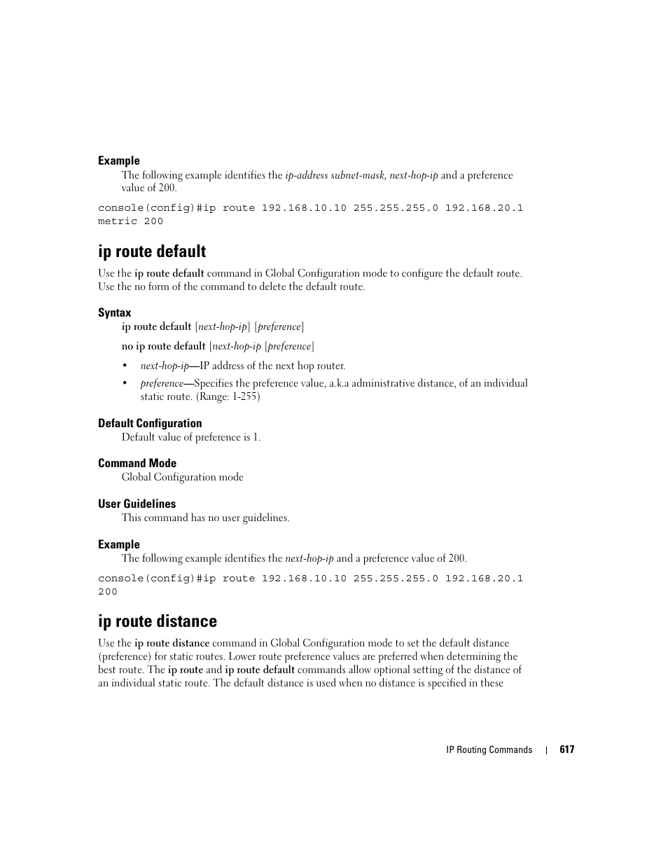 Ip route default, Ip route distance | Dell PowerEdge M605 User Manual | Page 613 / 808