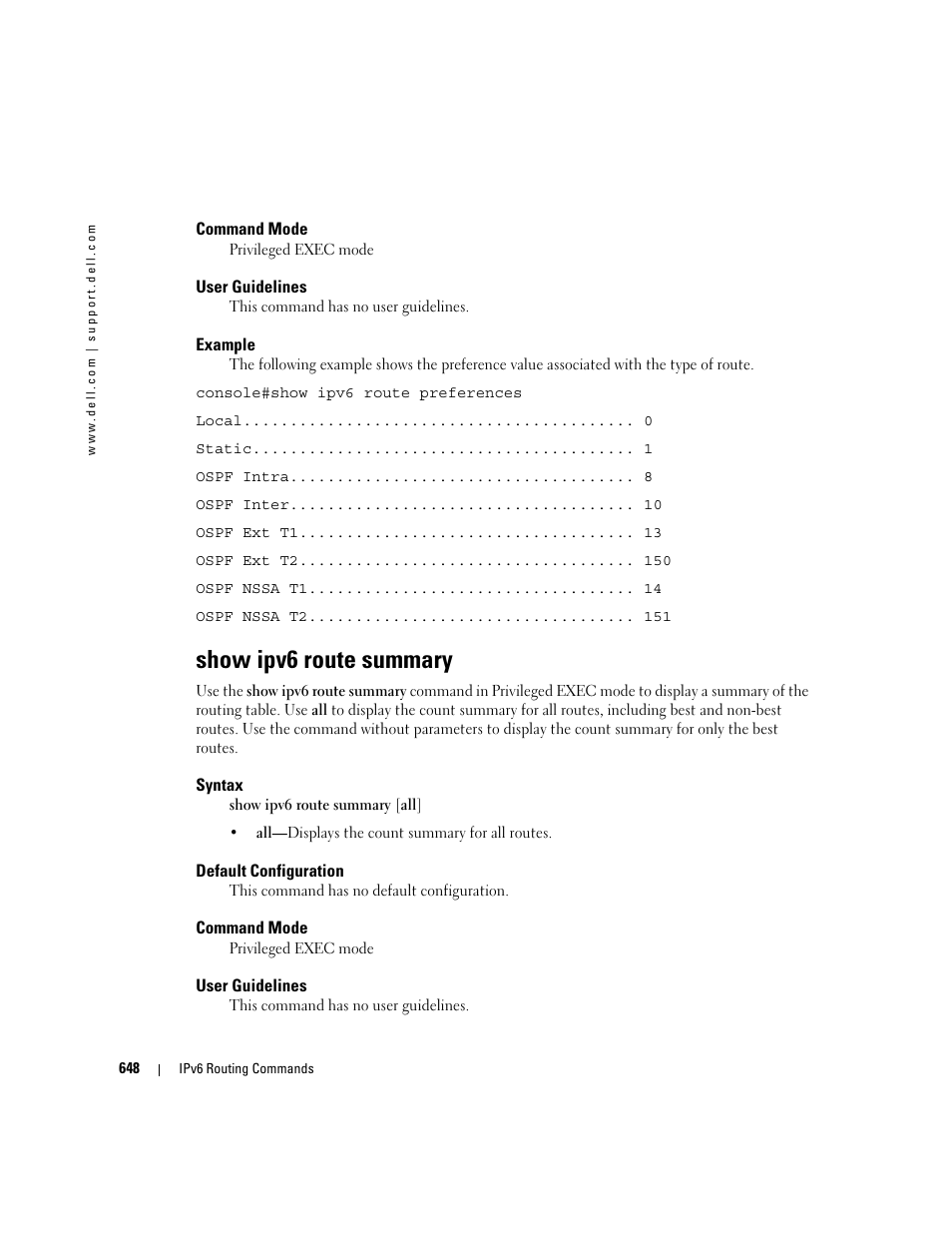 Show ipv6 route summary | Dell PowerEdge M605 User Manual | Page 644 / 808