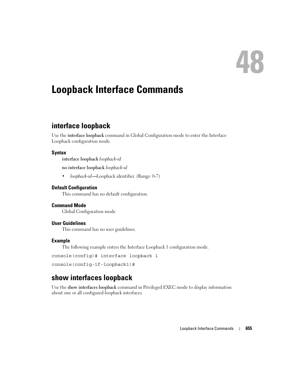 Loopback interface commands, Interface loopback, Show interfaces loopback | 48 loopback interface commands | Dell PowerEdge M605 User Manual | Page 651 / 808