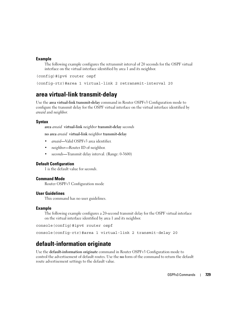 Area virtual-link transmit-delay, Default-information originate | Dell PowerEdge M605 User Manual | Page 723 / 808