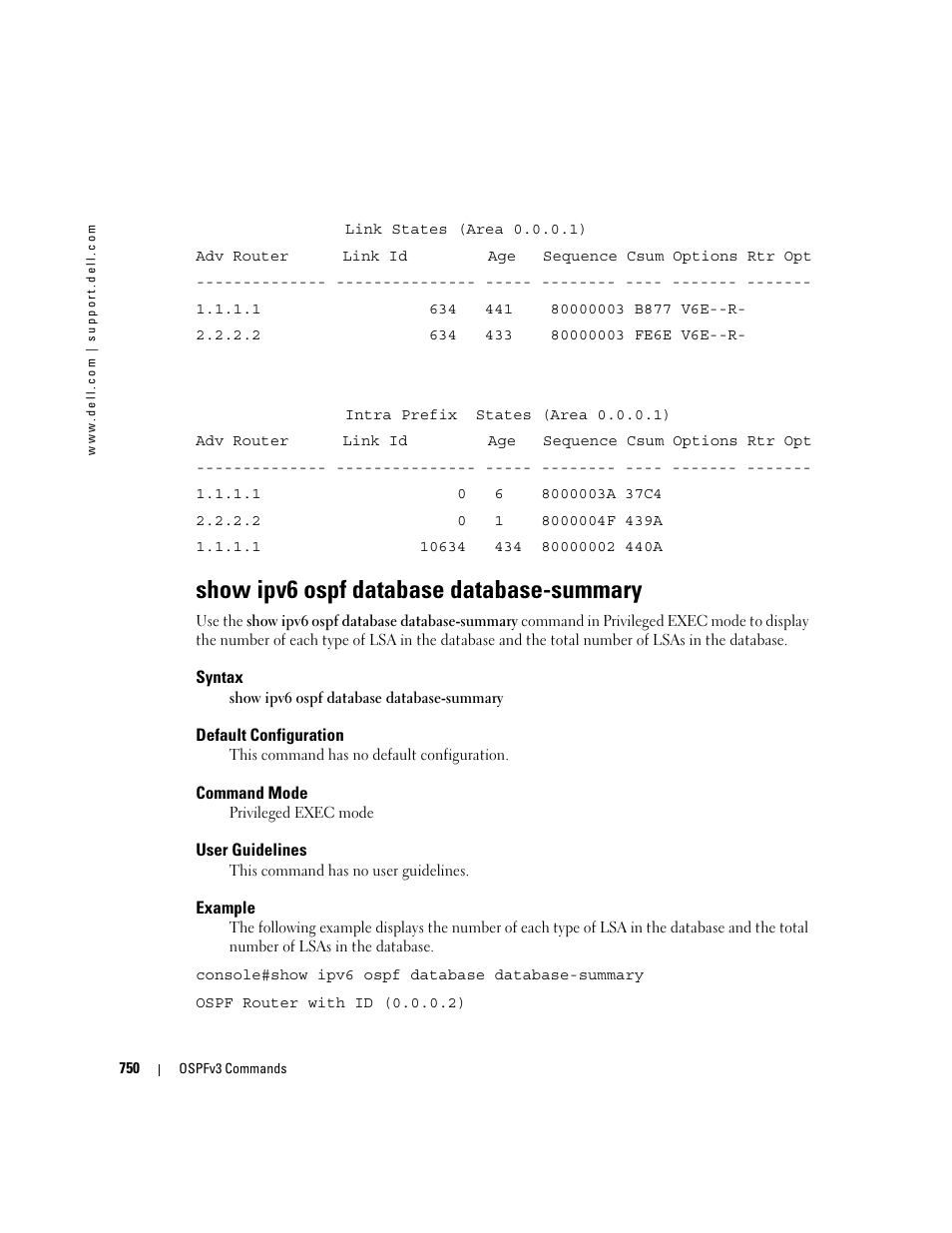 Show ipv6 ospf database database-summary | Dell PowerEdge M605 User Manual | Page 744 / 808