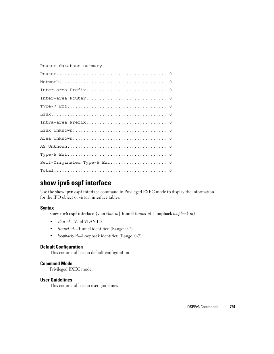 Show ipv6 ospf interface | Dell PowerEdge M605 User Manual | Page 745 / 808