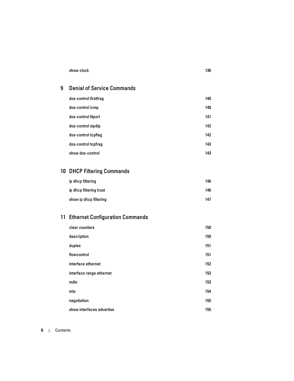 9denial of service commands, 10 dhcp filtering commands, 11 ethernet configuration commands | Dell PowerEdge M605 User Manual | Page 8 / 808