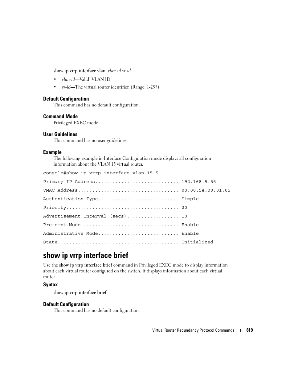 Show ip vrrp interface brief | Dell PowerEdge M605 User Manual | Page 805 / 808