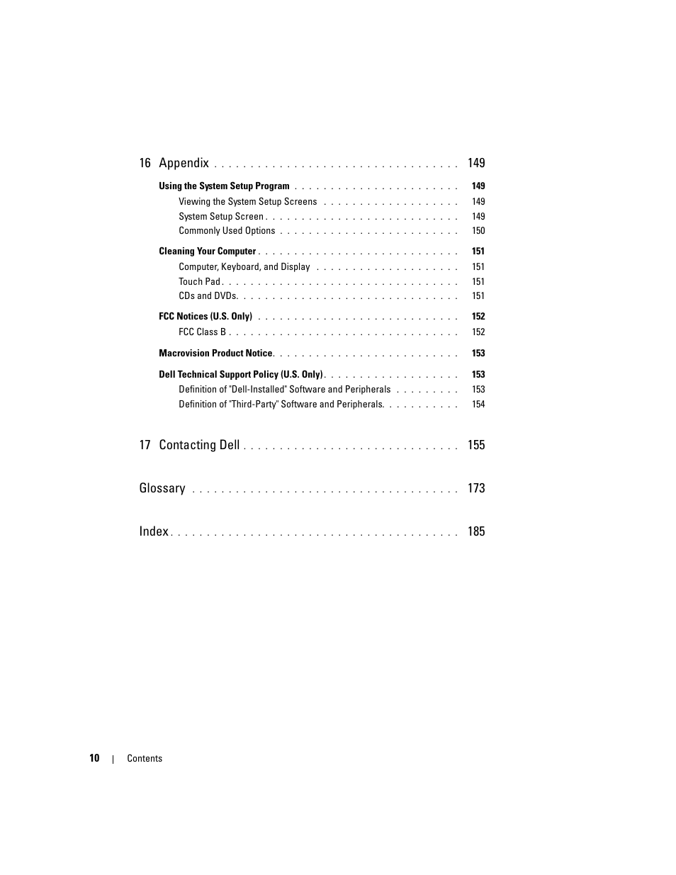16 appendix, 17 contacting dell, 155 glossary | 173 index | Dell XPS M1710 (MXG061, Early 2006) User Manual | Page 10 / 190