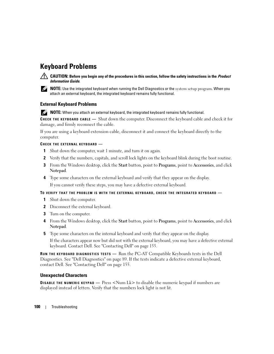 Keyboard problems, External keyboard problems, Unexpected characters | Dell XPS M1710 (MXG061, Early 2006) User Manual | Page 100 / 190