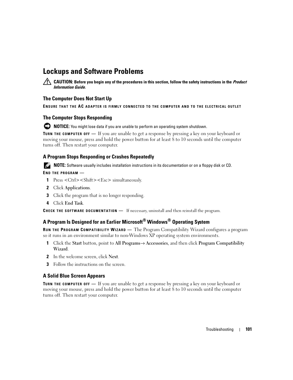 Lockups and software problems, The computer does not start up, The computer stops responding | A program stops responding or crashes repeatedly, A solid blue screen appears, A program is designed for an earlier microsoft, Windows, Operating system | Dell XPS M1710 (MXG061, Early 2006) User Manual | Page 101 / 190