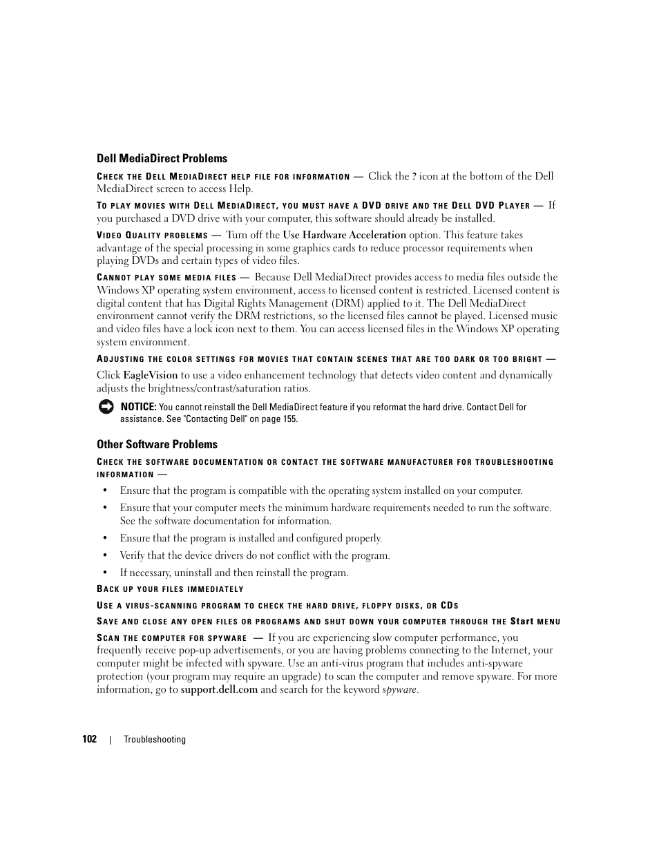 Dell mediadirect problems, Other software problems | Dell XPS M1710 (MXG061, Early 2006) User Manual | Page 102 / 190