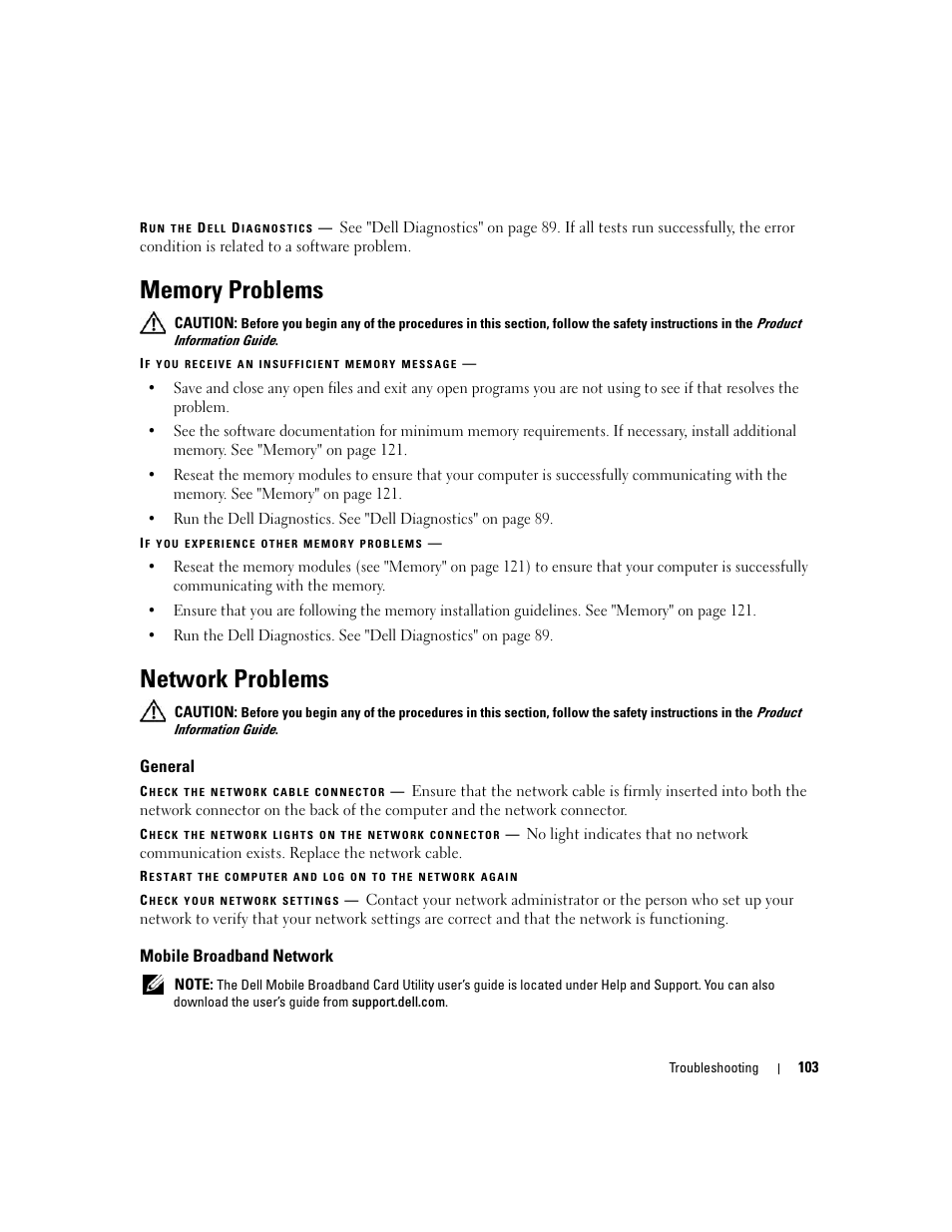 Memory problems, Network problems, General | Mobile broadband network | Dell XPS M1710 (MXG061, Early 2006) User Manual | Page 103 / 190