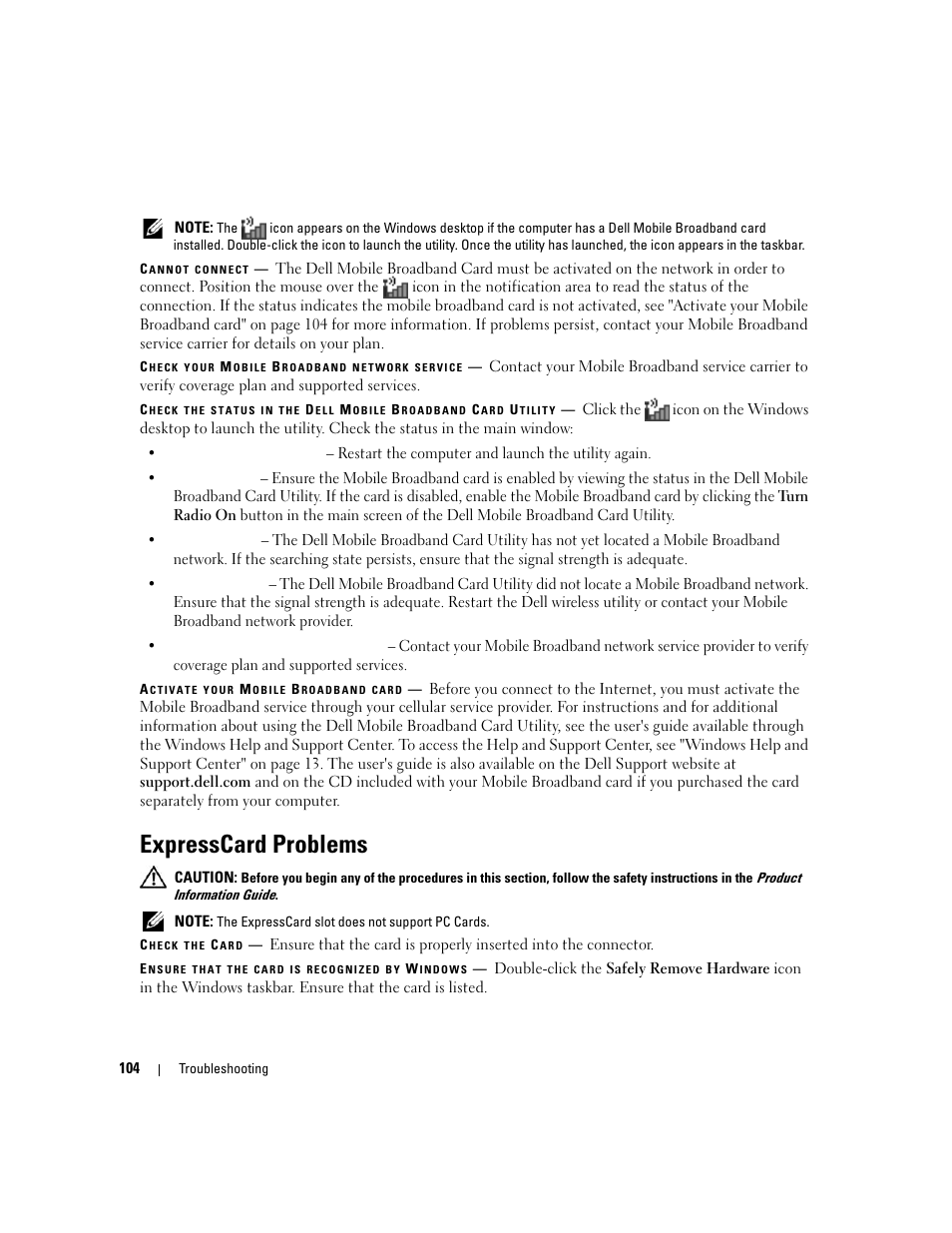 Expresscard problems | Dell XPS M1710 (MXG061, Early 2006) User Manual | Page 104 / 190