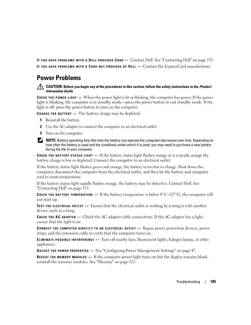 Power problems | Dell XPS M1710 (MXG061, Early 2006) User Manual | Page 105 / 190