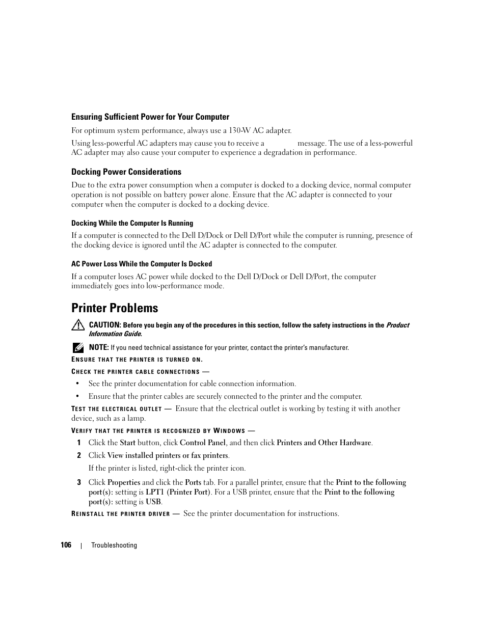 Ensuring sufficient power for your computer, Docking power considerations, Printer problems | Dell XPS M1710 (MXG061, Early 2006) User Manual | Page 106 / 190