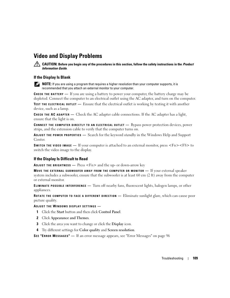 Video and display problems, If the display is blank, If the display is difficult to read | Dell XPS M1710 (MXG061, Early 2006) User Manual | Page 109 / 190