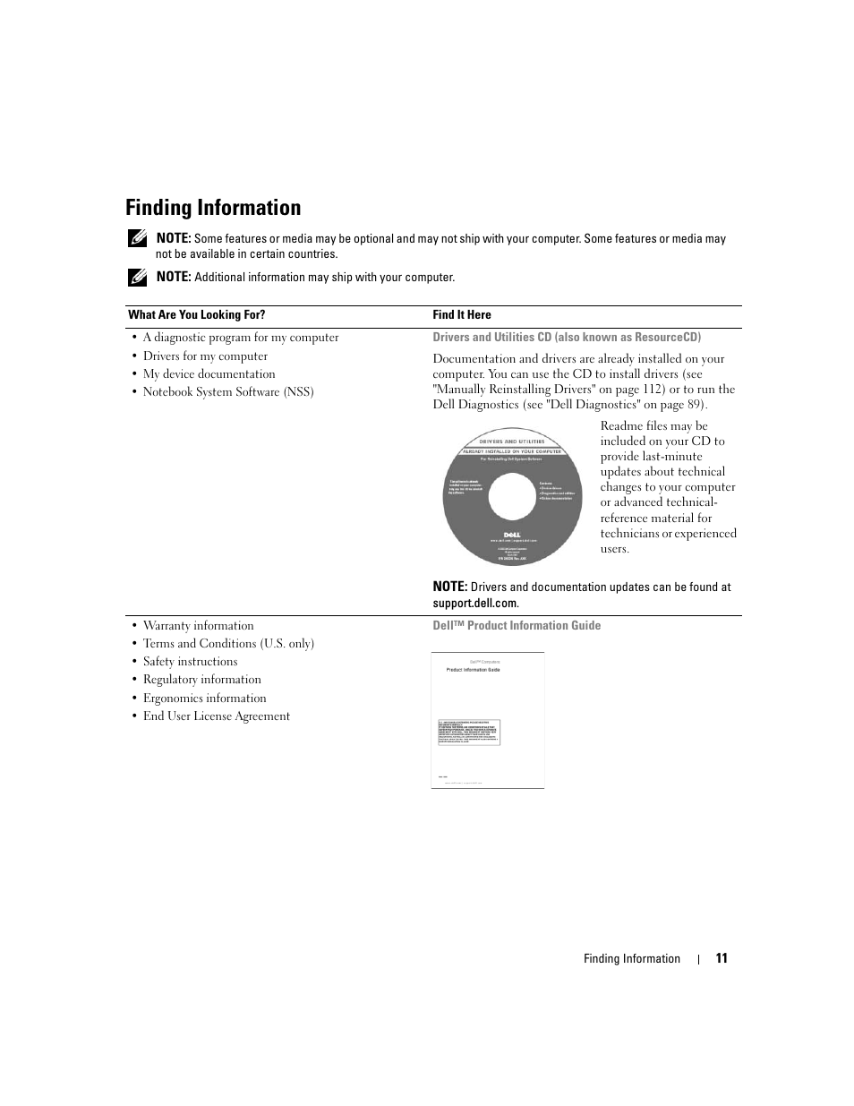 Finding information | Dell XPS M1710 (MXG061, Early 2006) User Manual | Page 11 / 190