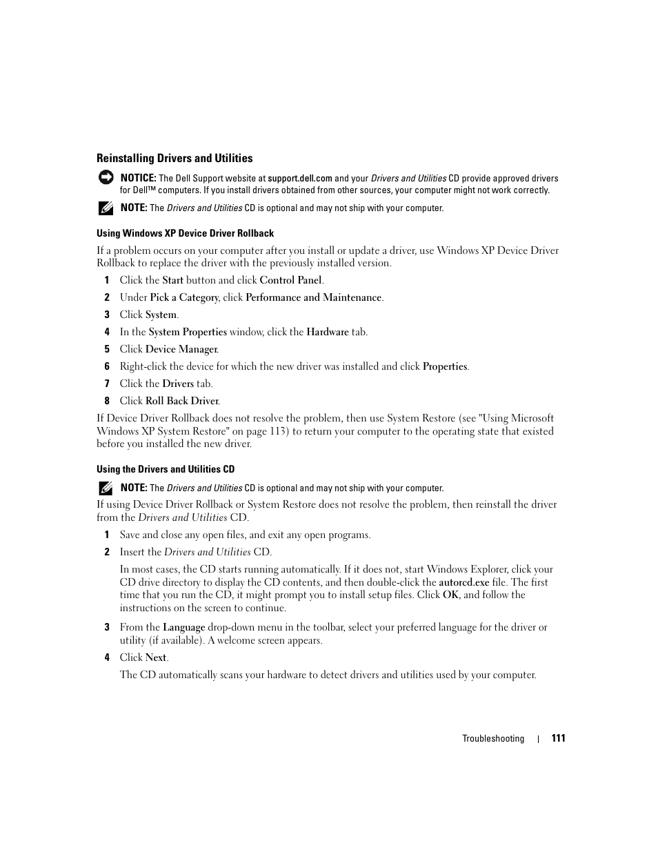 Reinstalling drivers and utilities | Dell XPS M1710 (MXG061, Early 2006) User Manual | Page 111 / 190