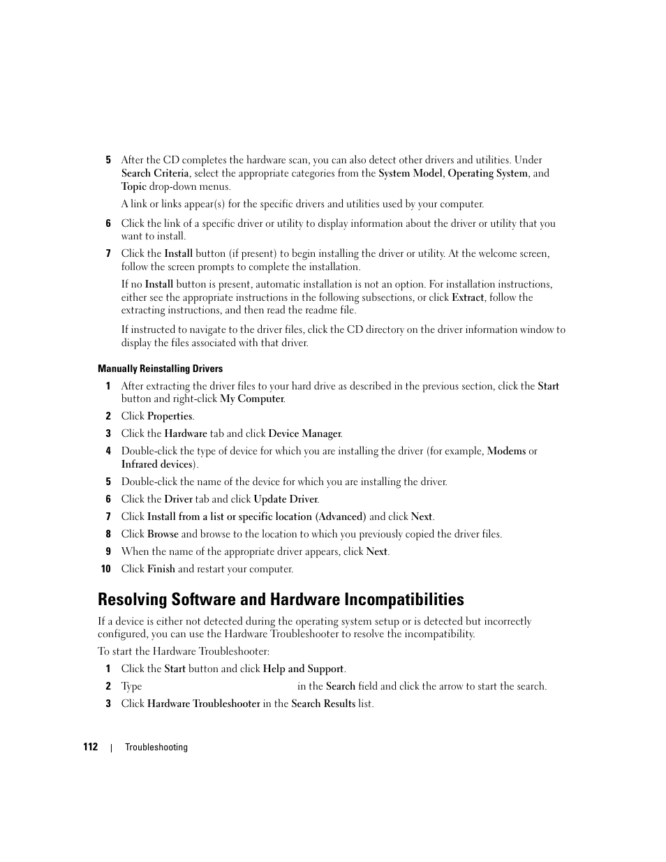 Resolving software and hardware incompatibilities | Dell XPS M1710 (MXG061, Early 2006) User Manual | Page 112 / 190