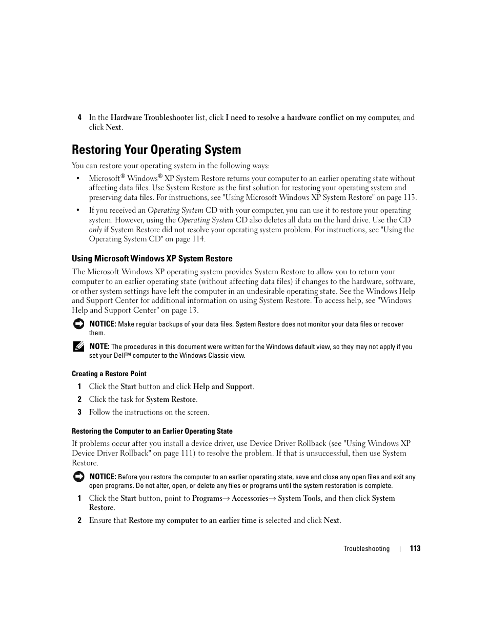 Restoring your operating system, Using microsoft windows xp system restore, Using microsoft | Dell XPS M1710 (MXG061, Early 2006) User Manual | Page 113 / 190