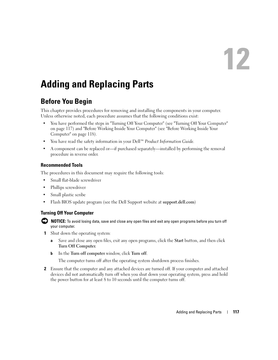 Adding and replacing parts, Before you begin, Recommended tools | Turning off your computer | Dell XPS M1710 (MXG061, Early 2006) User Manual | Page 117 / 190