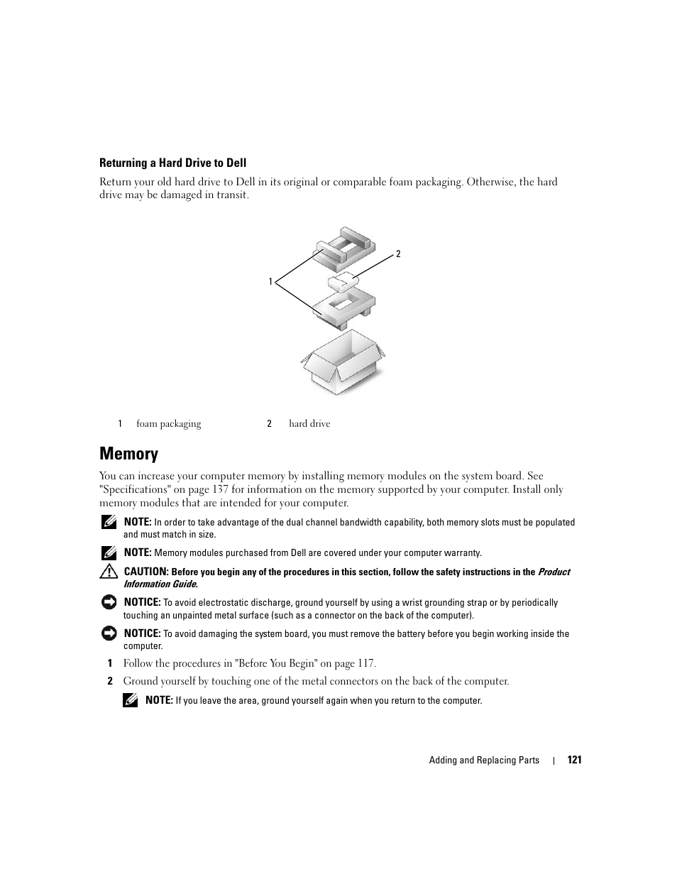 Returning a hard drive to dell, Memory | Dell XPS M1710 (MXG061, Early 2006) User Manual | Page 121 / 190