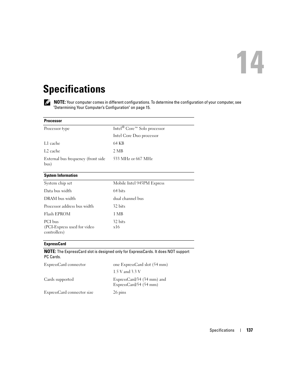 Specifications | Dell XPS M1710 (MXG061, Early 2006) User Manual | Page 137 / 190