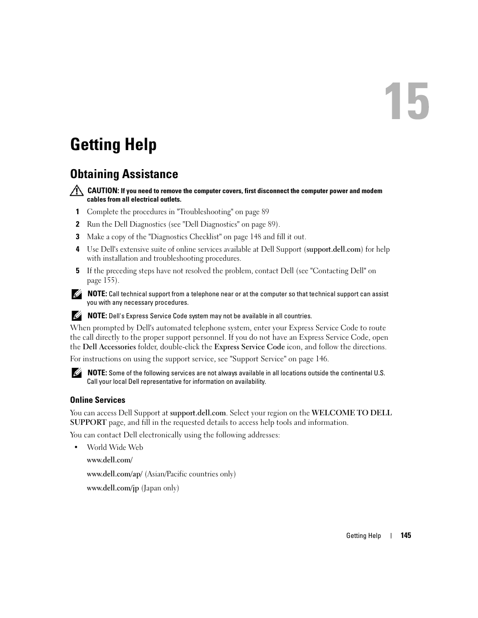 Getting help, Obtaining assistance, Online services | Dell XPS M1710 (MXG061, Early 2006) User Manual | Page 145 / 190