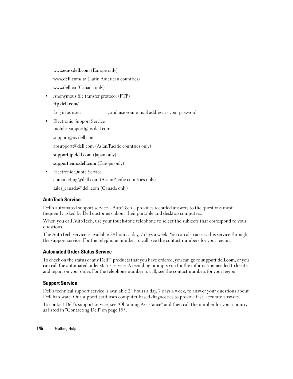 Autotech service, Automated order-status service, Support service | Dell XPS M1710 (MXG061, Early 2006) User Manual | Page 146 / 190