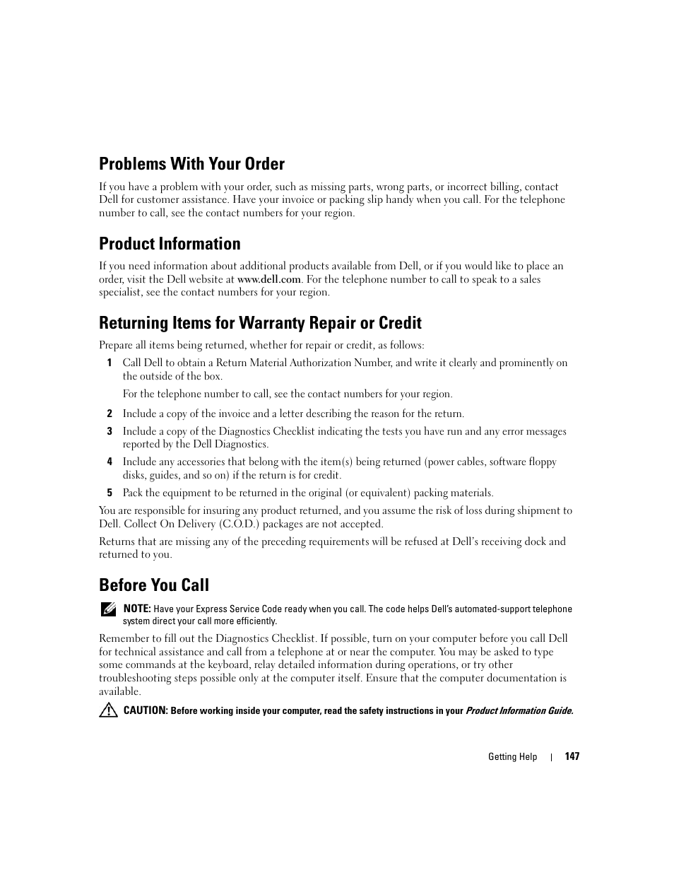Problems with your order, Product information, Returning items for warranty repair or credit | Before you call | Dell XPS M1710 (MXG061, Early 2006) User Manual | Page 147 / 190