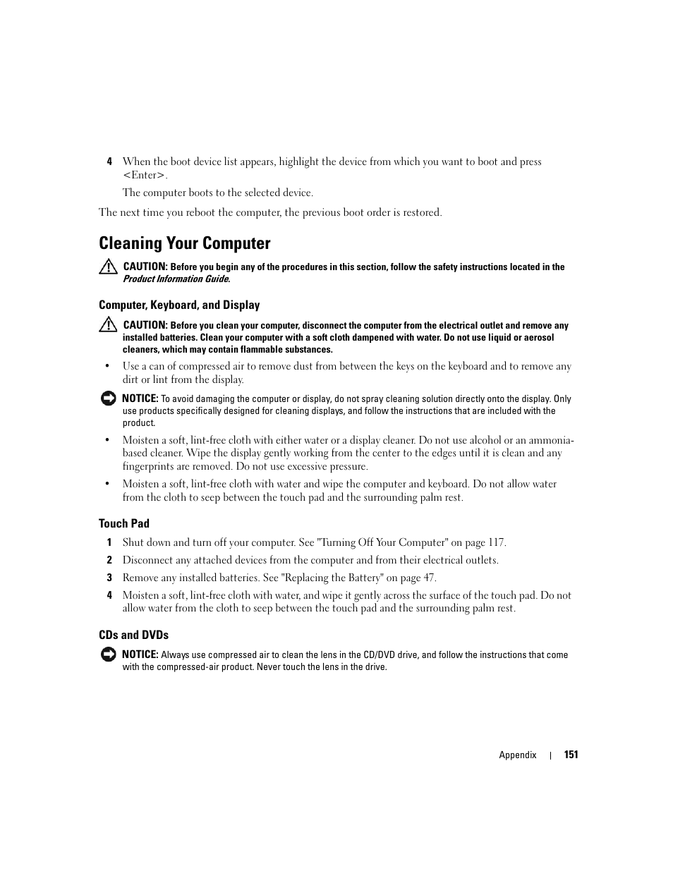Cleaning your computer, Computer, keyboard, and display, Touch pad | Cds and dvds | Dell XPS M1710 (MXG061, Early 2006) User Manual | Page 151 / 190