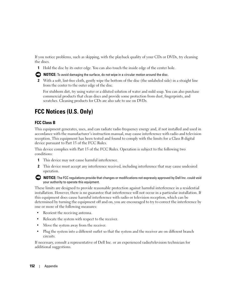 Fcc notices (u.s. only), Fcc class b | Dell XPS M1710 (MXG061, Early 2006) User Manual | Page 152 / 190