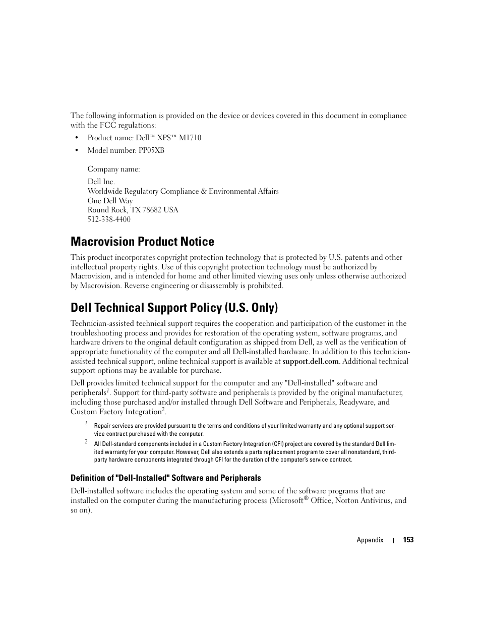 Macrovision product notice, Dell technical support policy (u.s. only) | Dell XPS M1710 (MXG061, Early 2006) User Manual | Page 153 / 190