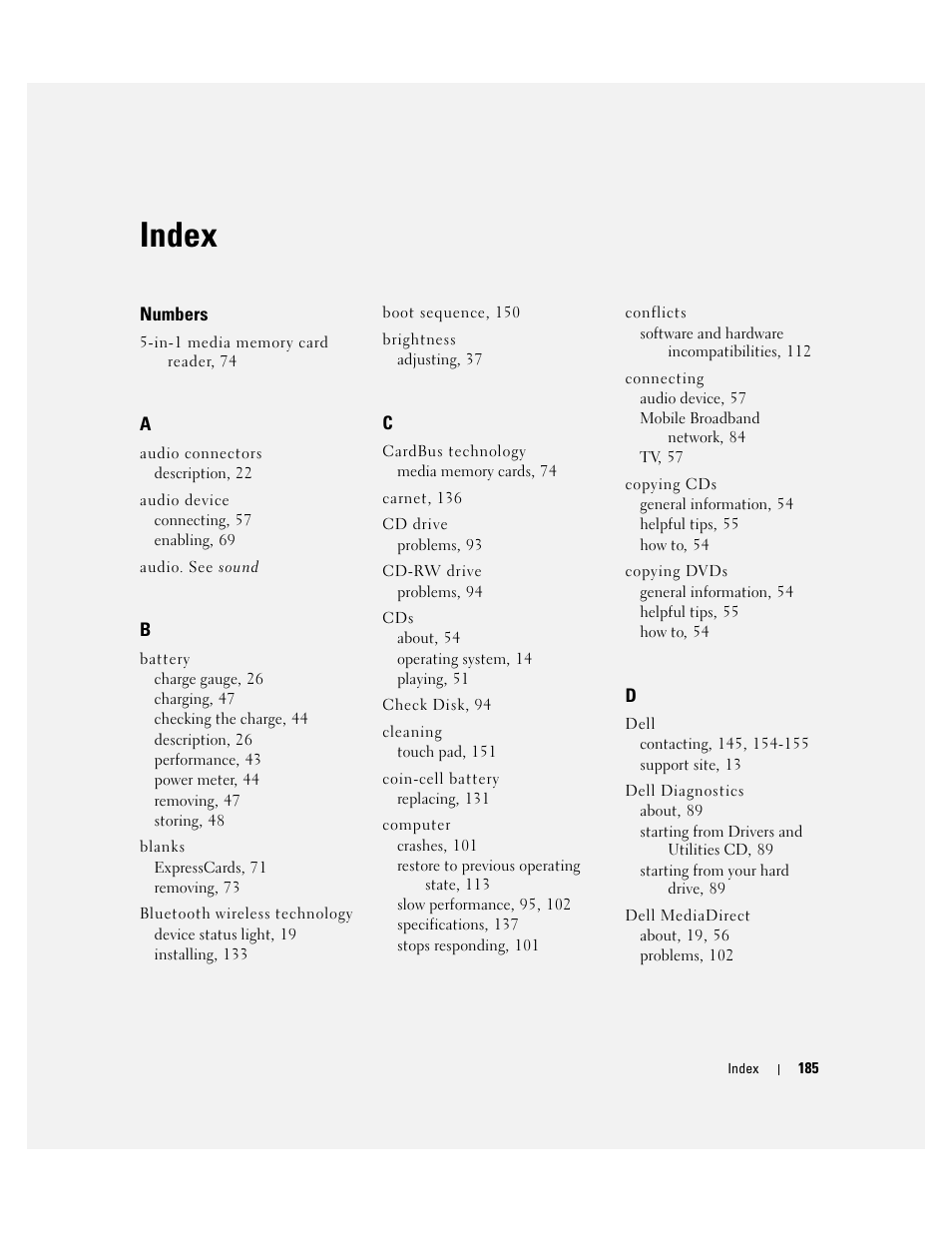 Index | Dell XPS M1710 (MXG061, Early 2006) User Manual | Page 185 / 190