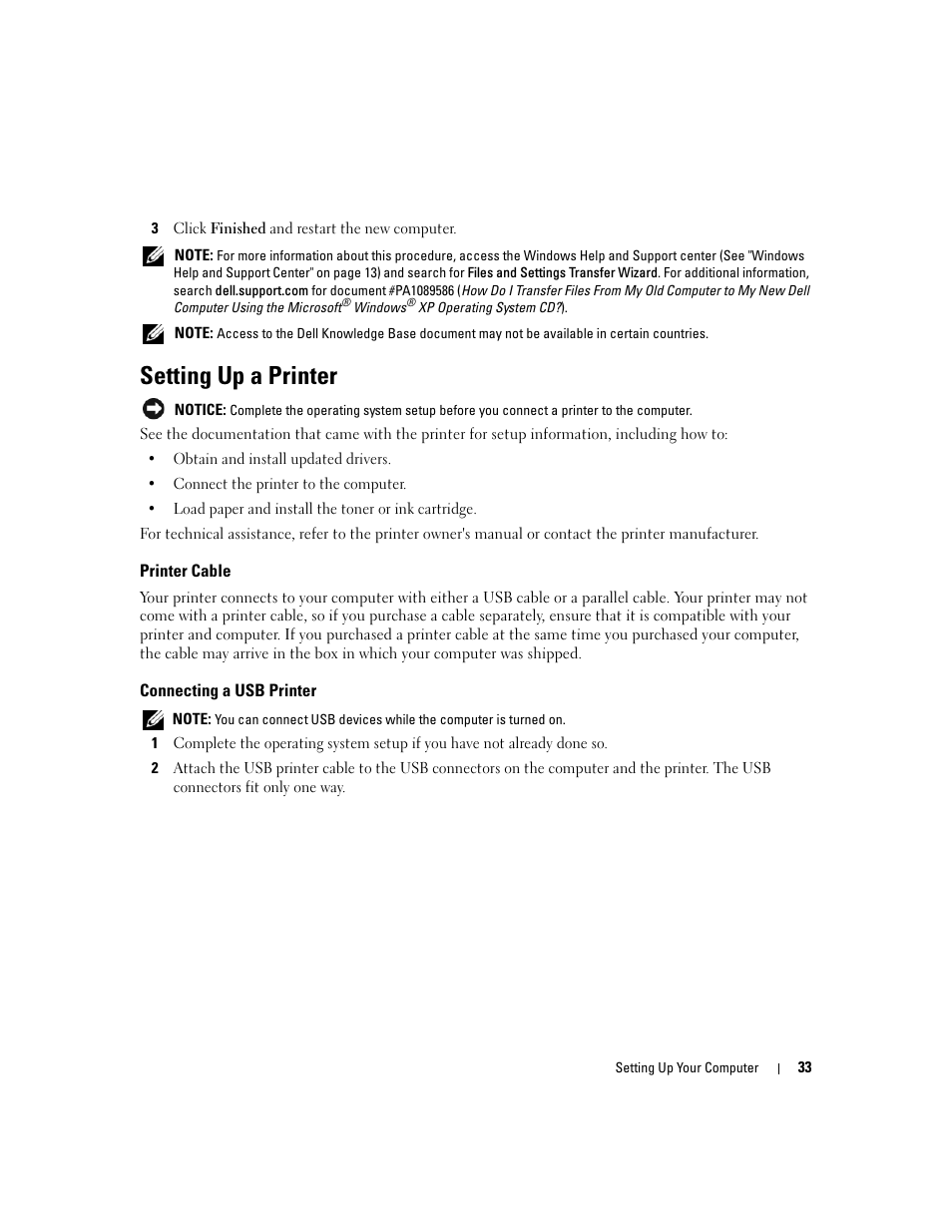 Setting up a printer, Printer cable, Connecting a usb printer | Dell XPS M1710 (MXG061, Early 2006) User Manual | Page 33 / 190