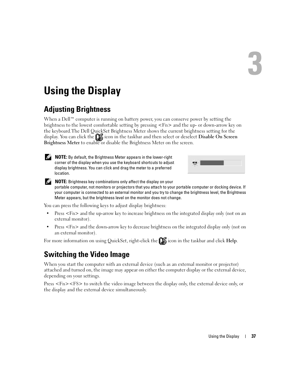 Using the display, Adjusting brightness, Switching the video image | Dell XPS M1710 (MXG061, Early 2006) User Manual | Page 37 / 190