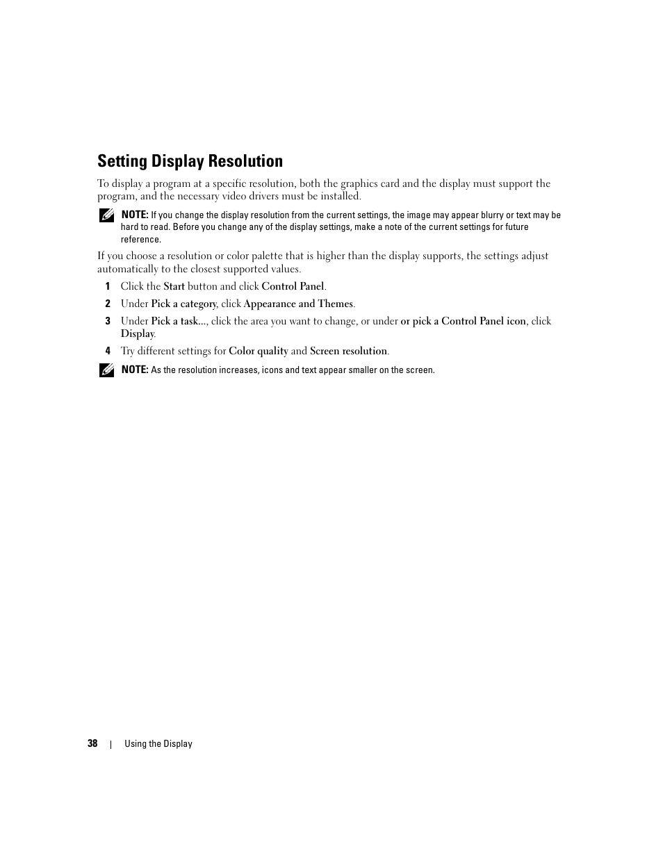 Setting display resolution | Dell XPS M1710 (MXG061, Early 2006) User Manual | Page 38 / 190