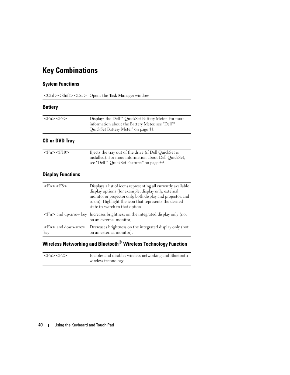 Key combinations, System functions, Battery | Cd or dvd tray, Display functions, Wireless networking and bluetooth | Dell XPS M1710 (MXG061, Early 2006) User Manual | Page 40 / 190