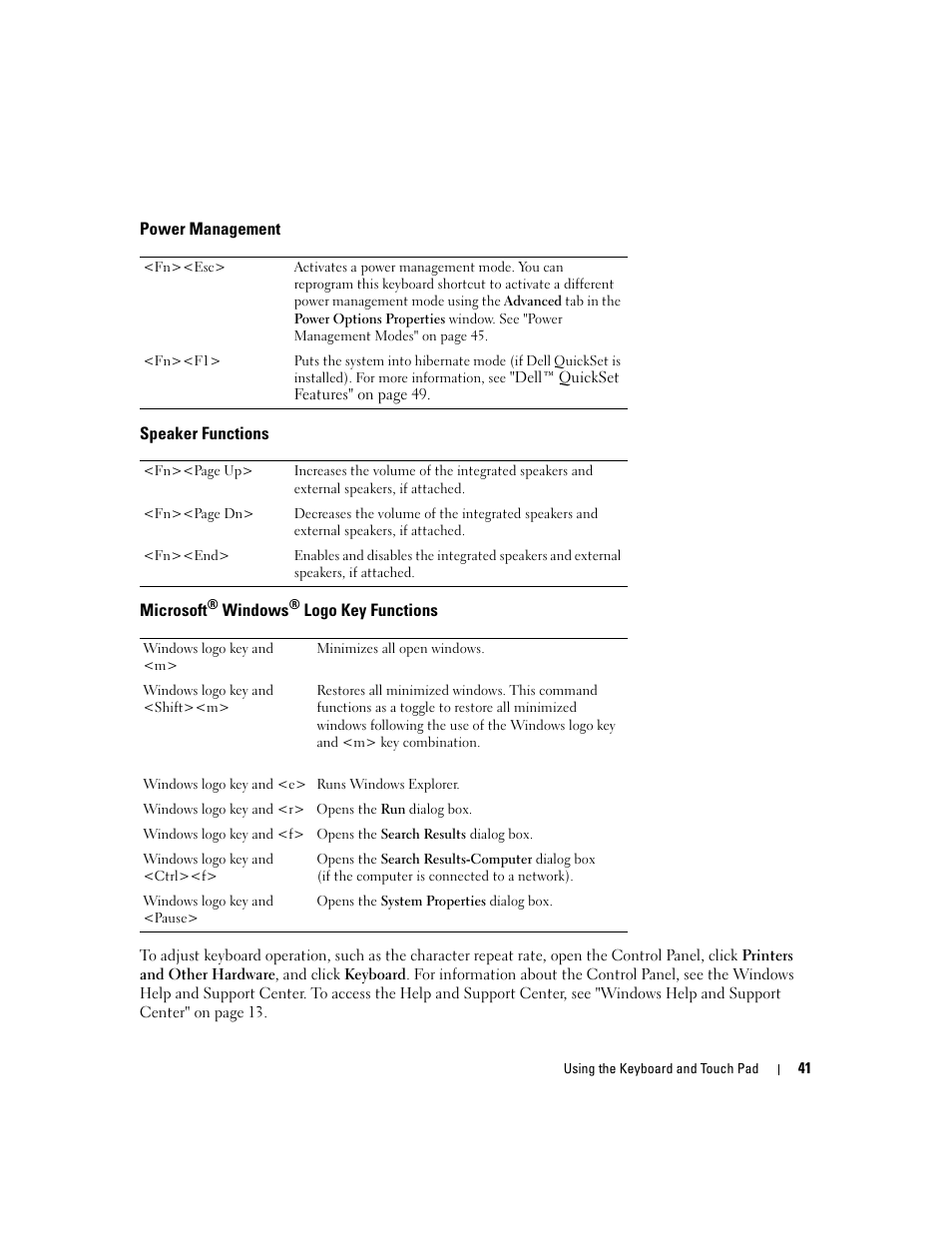 Power management, Speaker functions, Microsoft® windows® logo key functions | Microsoft | Dell XPS M1710 (MXG061, Early 2006) User Manual | Page 41 / 190
