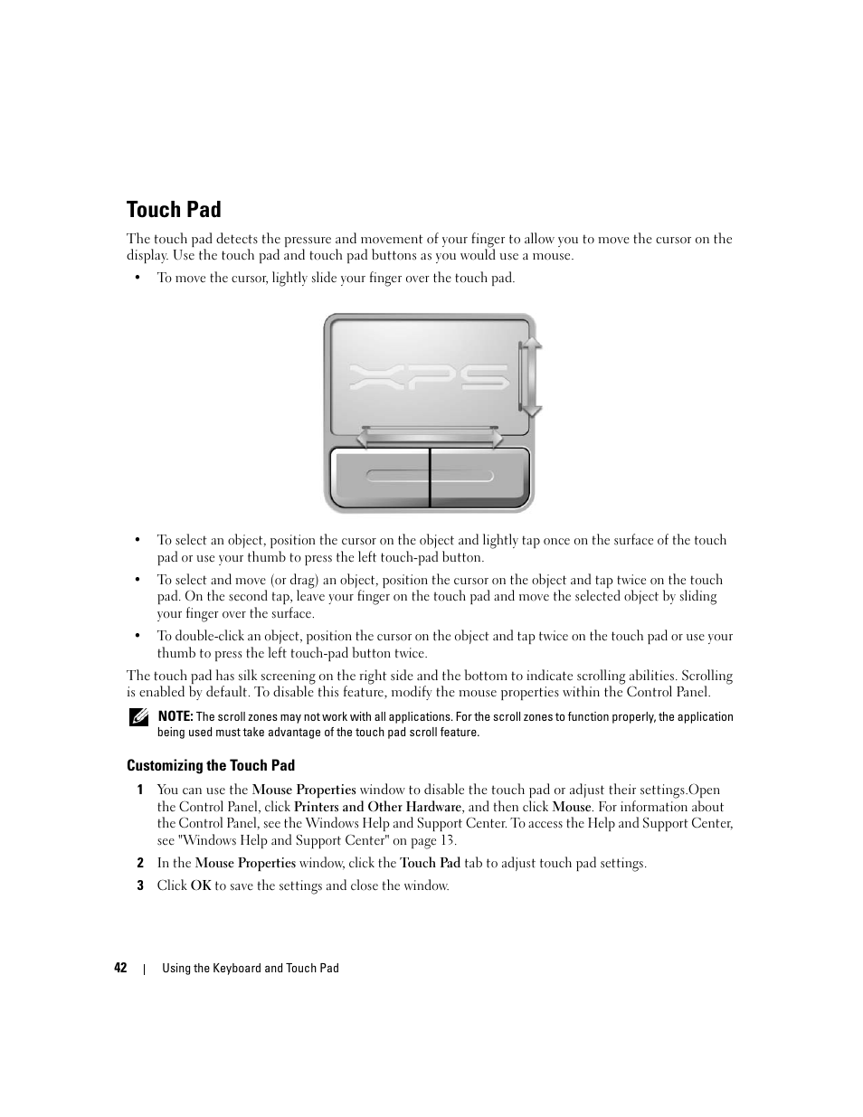 Touch pad, Customizing the touch pad | Dell XPS M1710 (MXG061, Early 2006) User Manual | Page 42 / 190