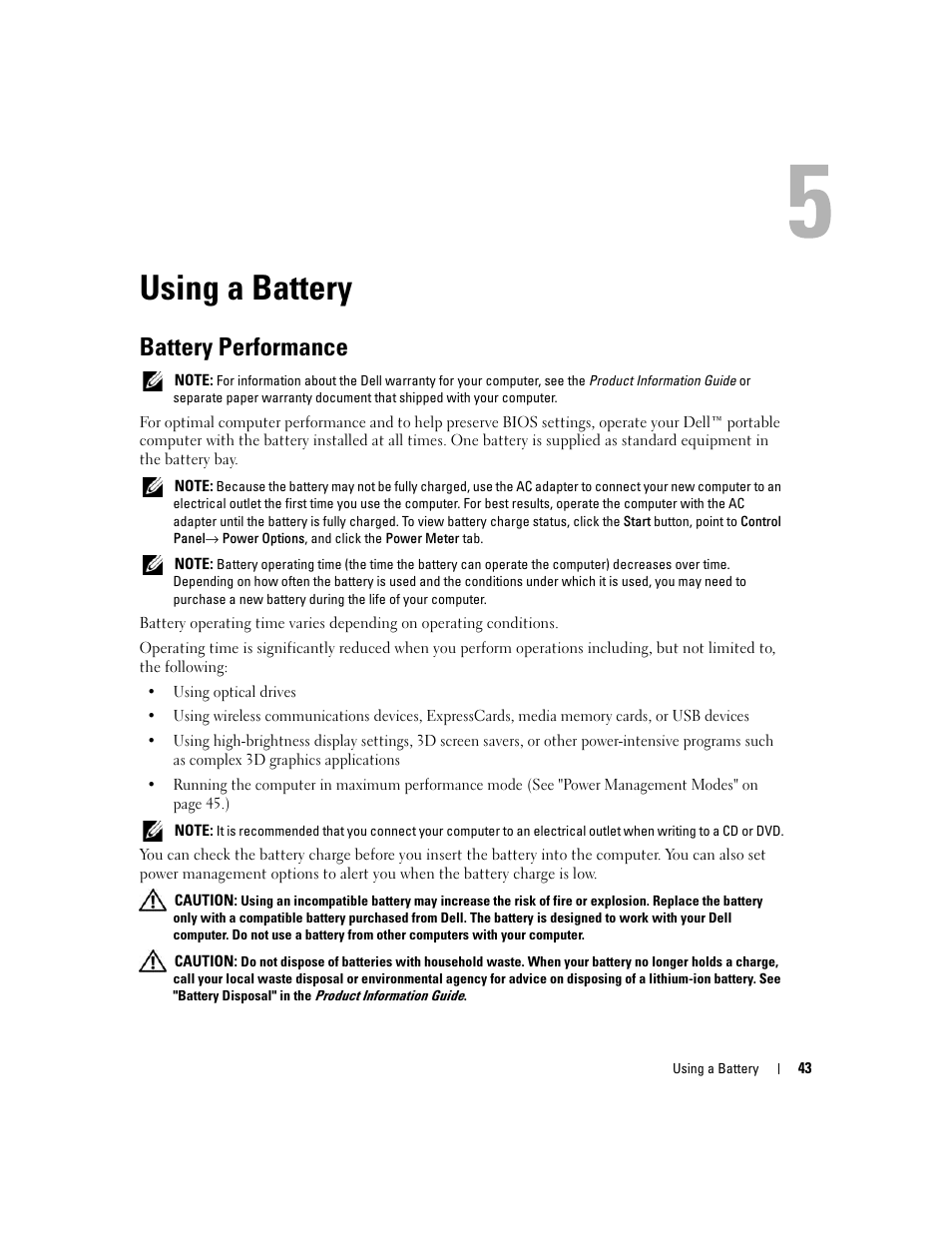 Using a battery, Battery performance | Dell XPS M1710 (MXG061, Early 2006) User Manual | Page 43 / 190