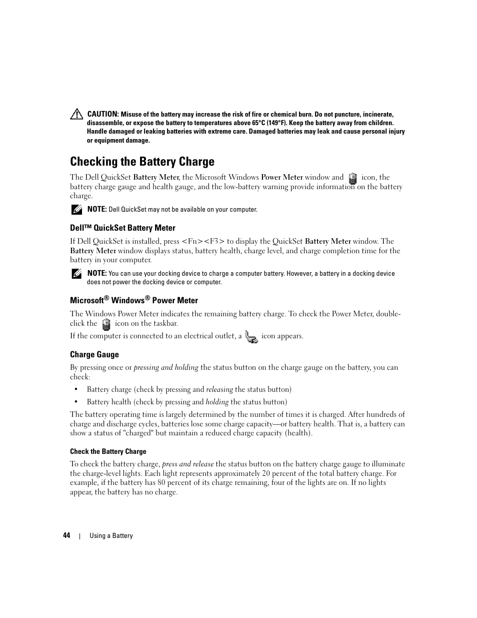 Checking the battery charge, Dell™ quickset battery meter, Microsoft® windows® power meter | Charge gauge, Microsoft | Dell XPS M1710 (MXG061, Early 2006) User Manual | Page 44 / 190