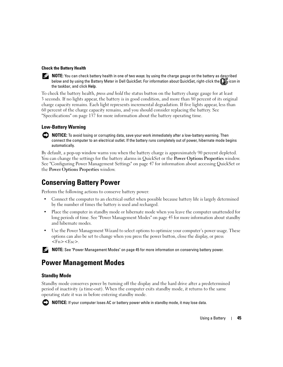 Low-battery warning, Conserving battery power, Power management modes | Standby mode | Dell XPS M1710 (MXG061, Early 2006) User Manual | Page 45 / 190