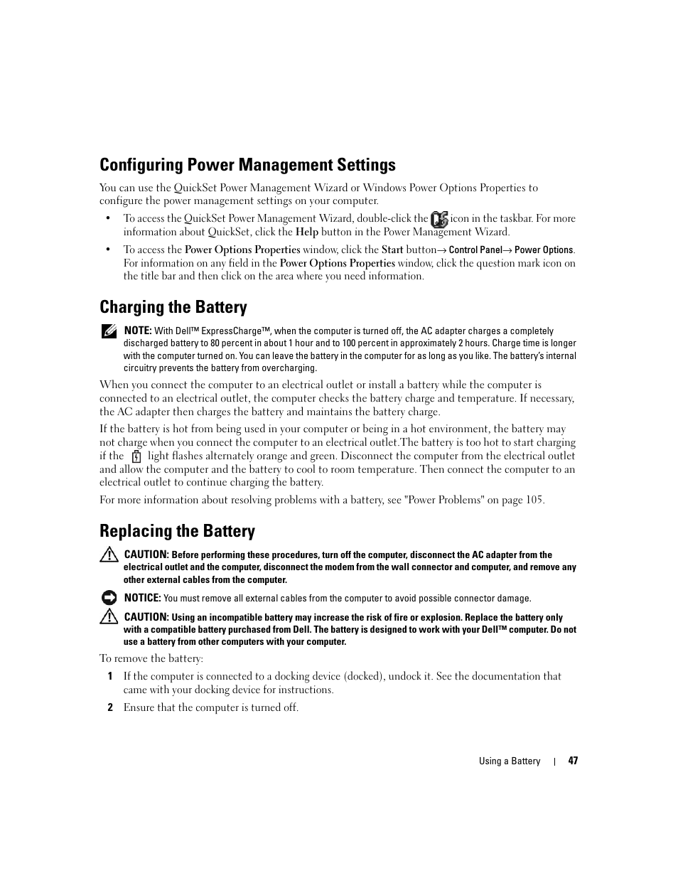 Configuring power management settings, Charging the battery, Replacing the battery | Information, see "replacing | Dell XPS M1710 (MXG061, Early 2006) User Manual | Page 47 / 190