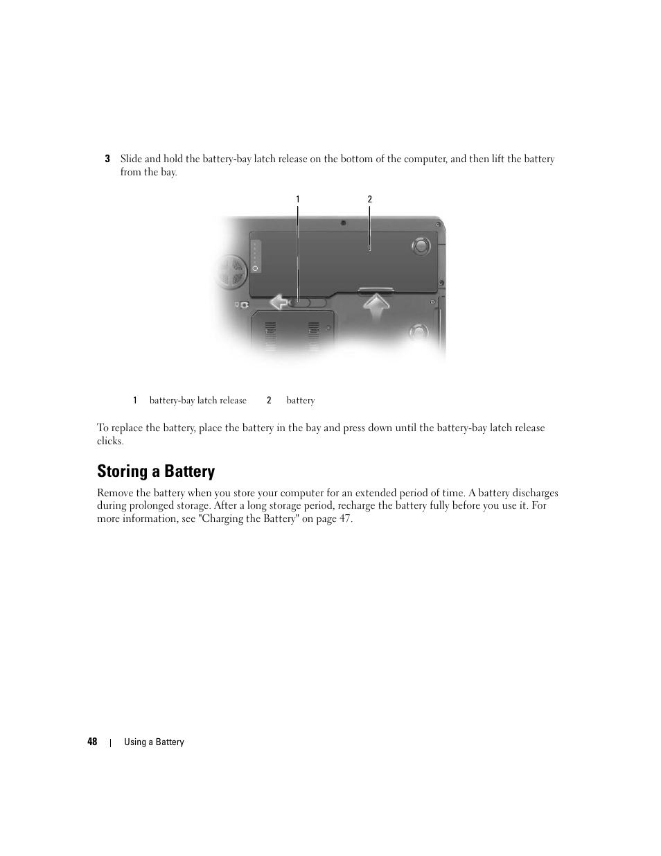 Storing a battery | Dell XPS M1710 (MXG061, Early 2006) User Manual | Page 48 / 190