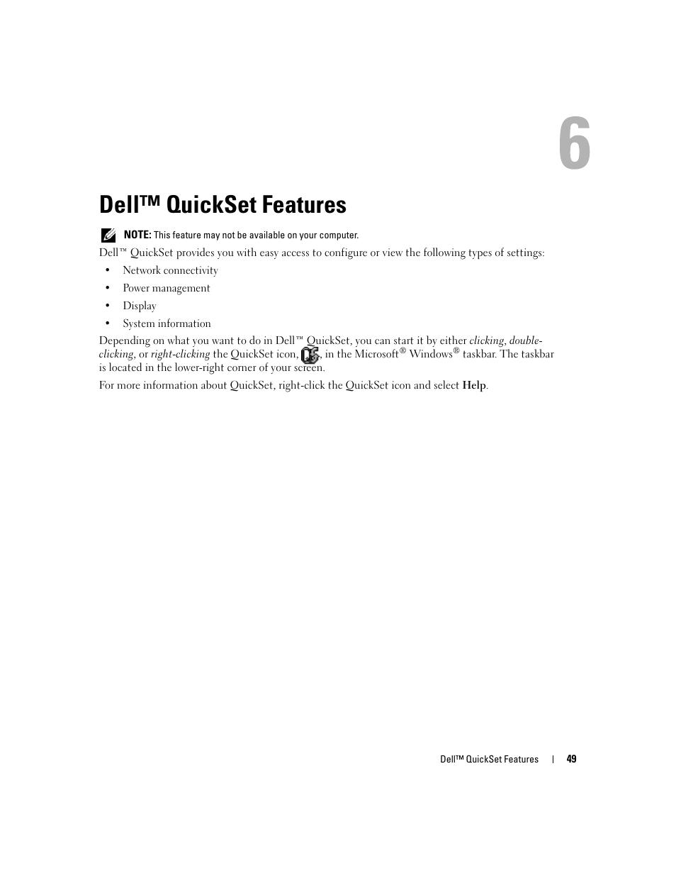 Dell™ quickset features, Dell™ quickset | Dell XPS M1710 (MXG061, Early 2006) User Manual | Page 49 / 190
