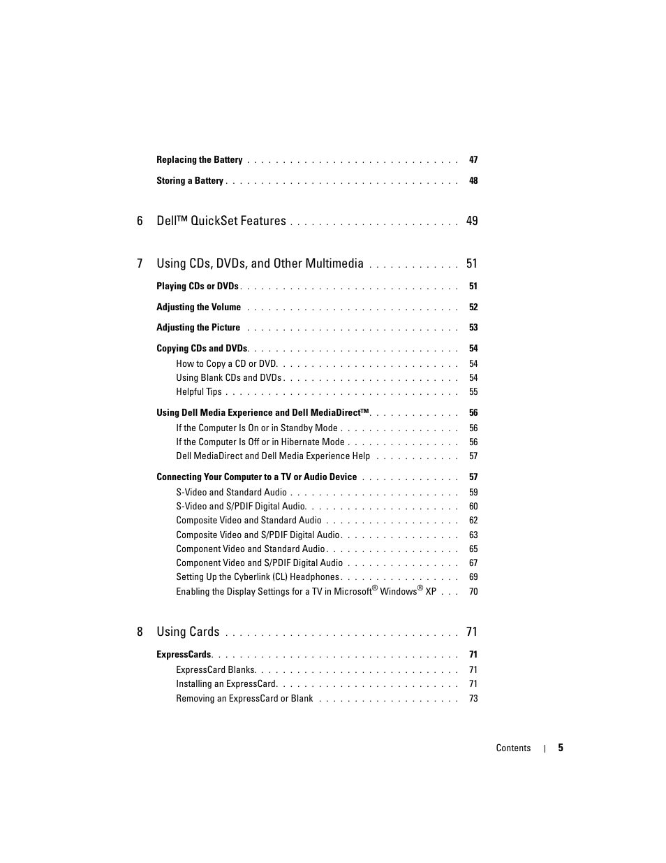 6dell™ quickset features, 49 7 using cds, dvds, and other multimedia, 8using cards | Dell XPS M1710 (MXG061, Early 2006) User Manual | Page 5 / 190