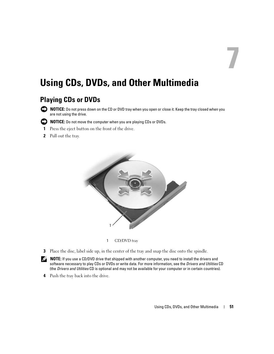 Using cds, dvds, and other multimedia, Playing cds or dvds | Dell XPS M1710 (MXG061, Early 2006) User Manual | Page 51 / 190